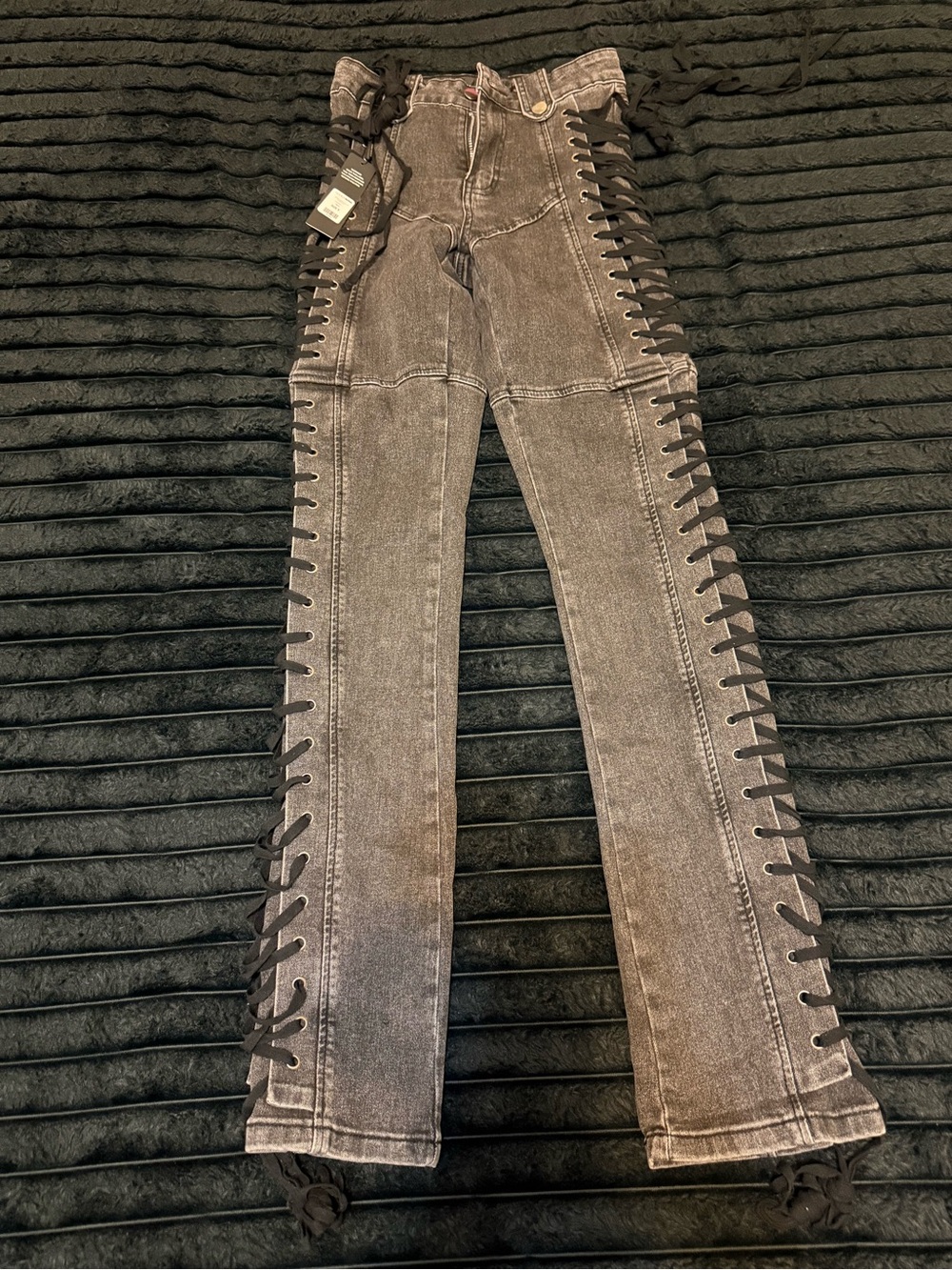 Fashion Nova Grey Wash Flare Jeans with Black Lace-Up Sides
